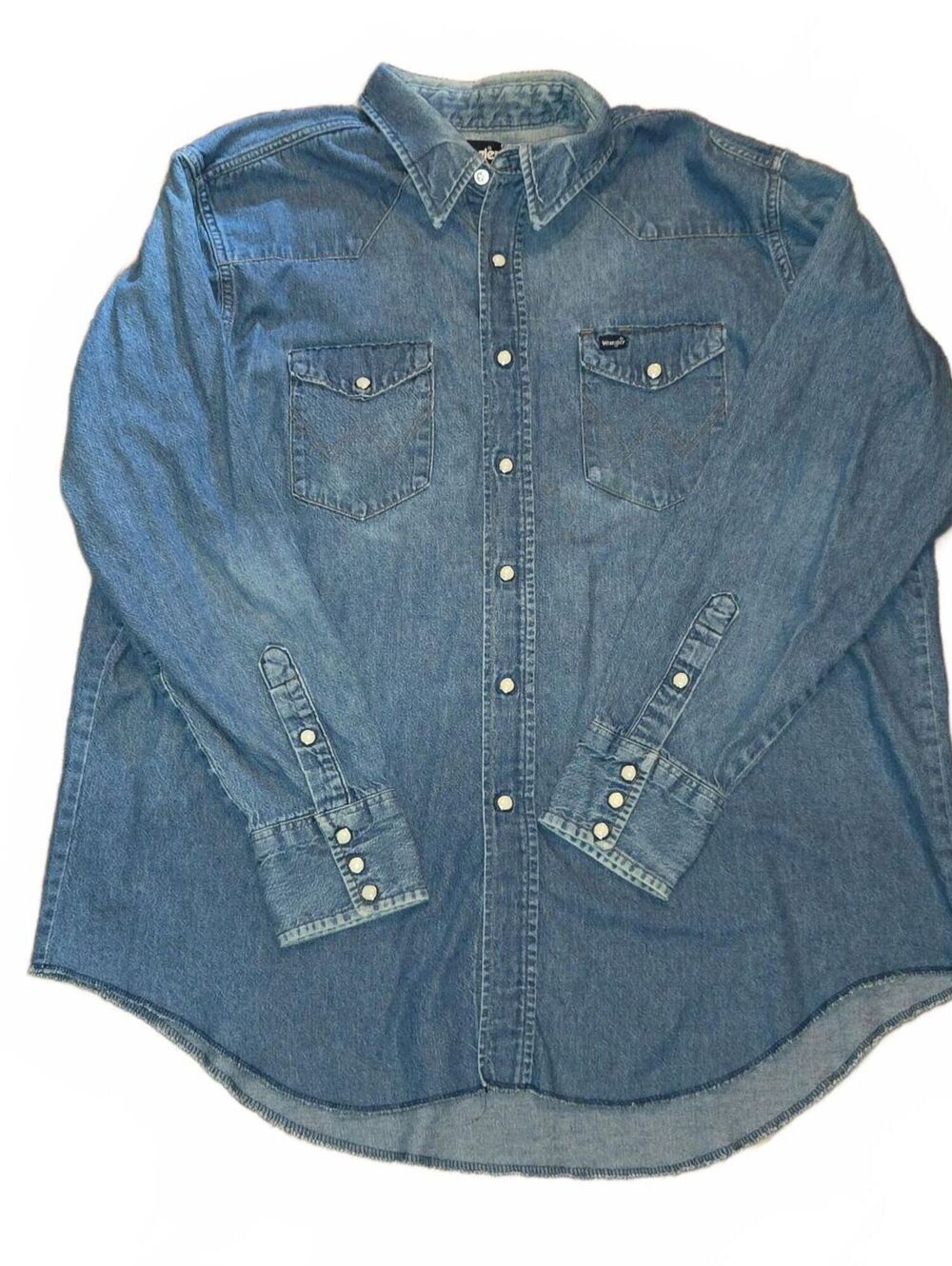 VTG Wrangler Denim Pearl Snap Shirt XL 18-35 Rodeo Cowboy Western Scovill 90s